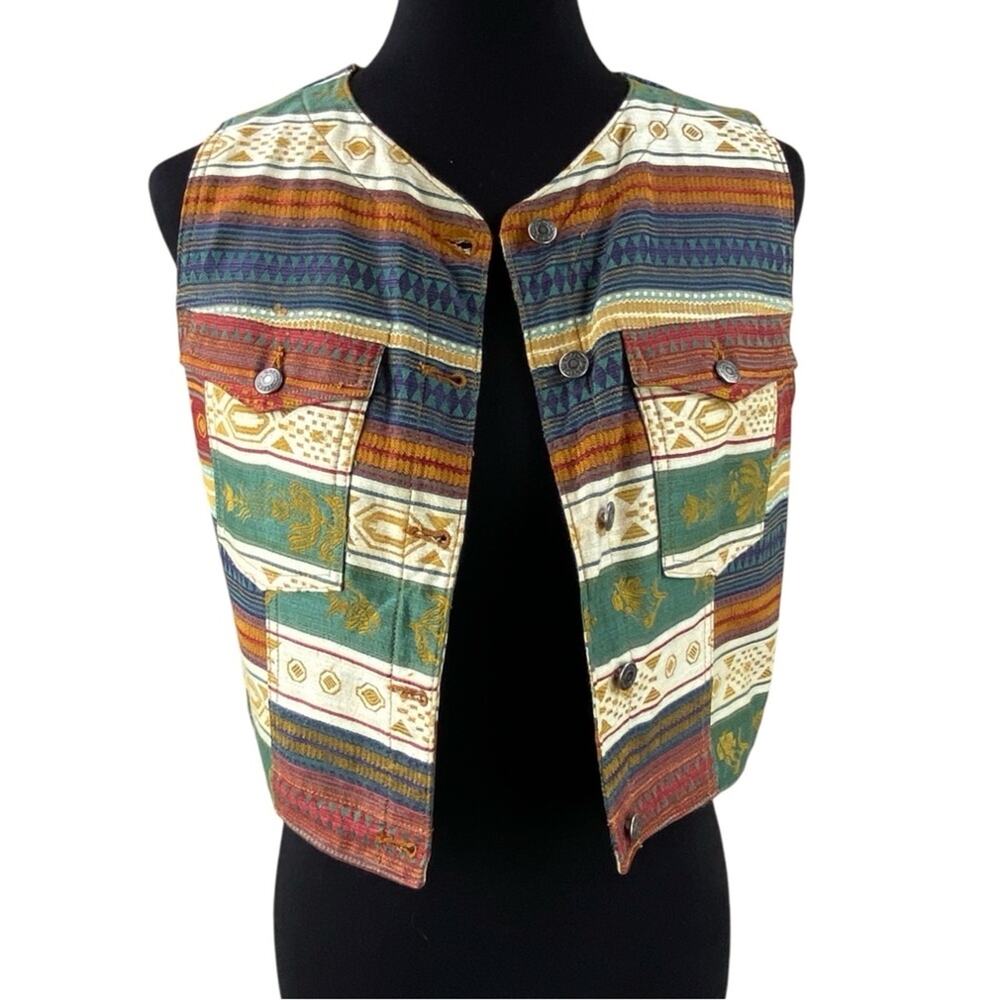 Vintage GAP Southwest Tapestry Denim Jean Vest Size M Cropped Western